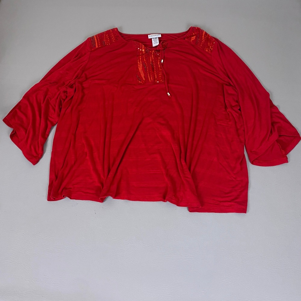 Catherines Blouse Top Top Plus Size 3X 26/28W Red Sequin Split Neck 3/4 Sleeve